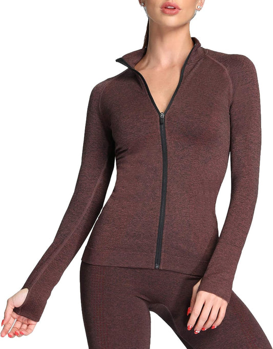 Women'S Jacket Workout Running Long Sleeve Cardio Full-Zip Jackets (Cherry Brown Marl, Small)
